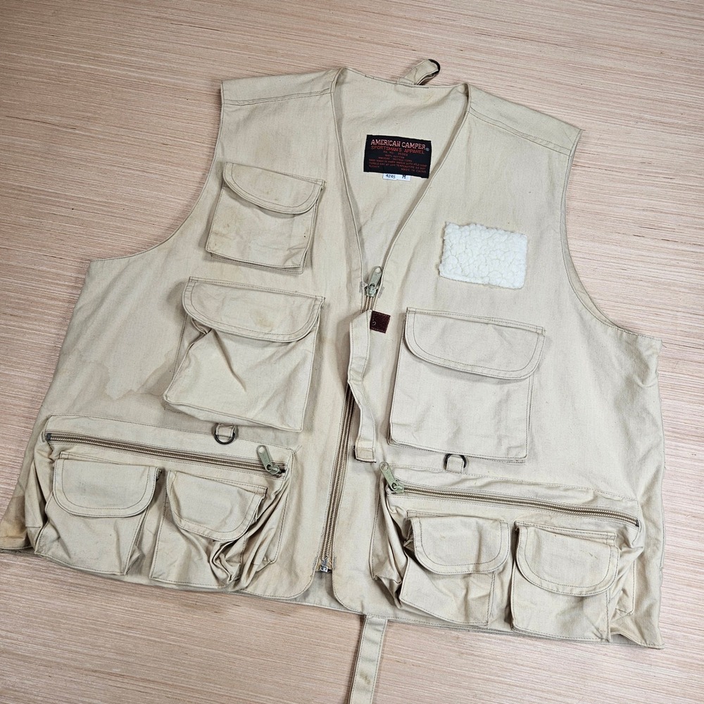 Vintage Multi-Pocket Utility Gorpcore Fishing Vest Mens M Beige American Camper